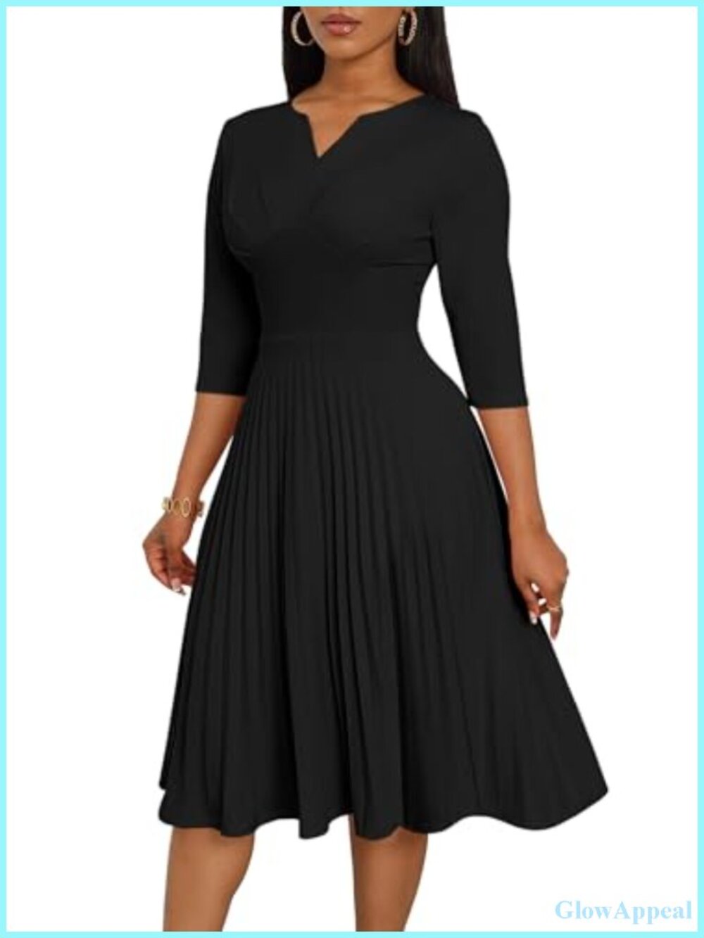 Pleated Midi Dress 3/4 Sleeve Empire Waist A-Line V-Neck with Pockets